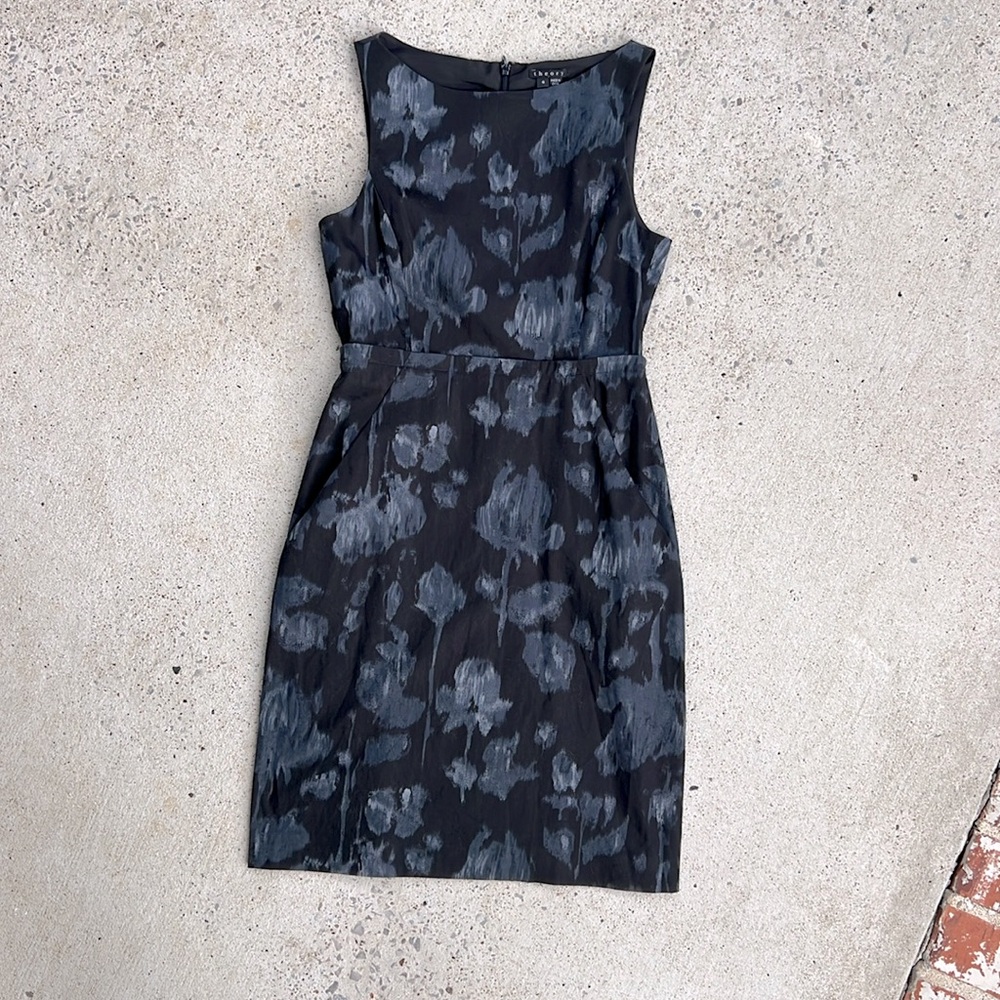Theory Felisha-Vel Black/Gray Floral Print Sleeveless Boat Neck Sheath Size 4 - Picture 7 of 14